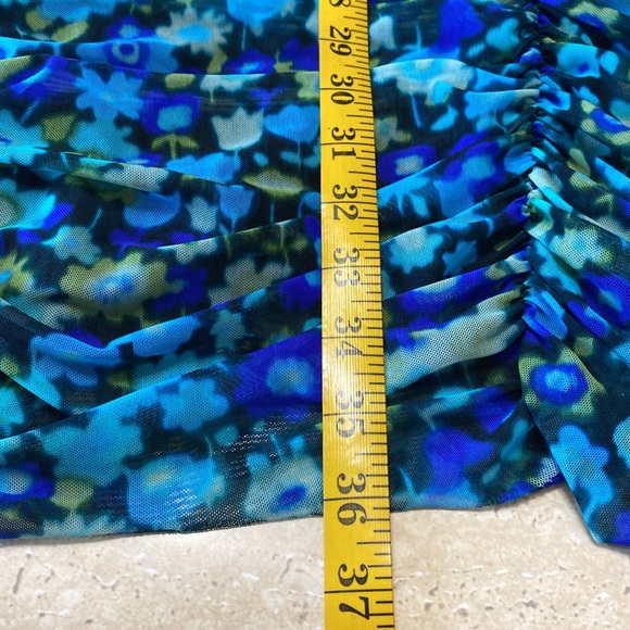 NWOT Ganni Blue Floral Ruched Blue Dress, Measurements in photos below. - Picture 10 of 11